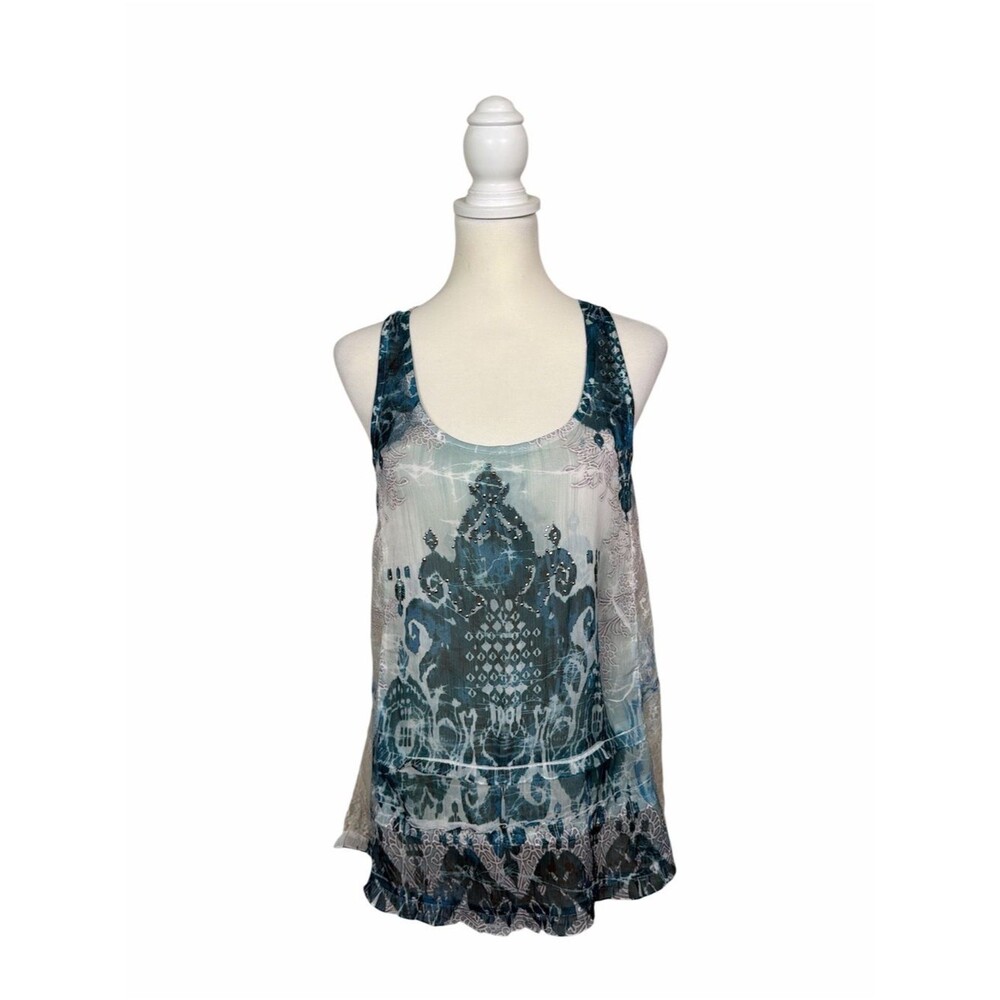 Vanity Blue Teal Lace Embellished Chiffon Tank Top Boho Beaded Racerback Large